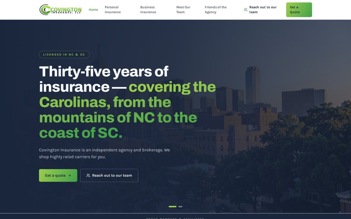 Covington Insurance, LLC homepage, built by Meridian